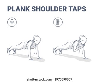 Plank Shoulder Taps Woman Home Workout Exercise Guidance. Outline Concept of Girl Working at Home on Her Abs, Core, and Triceps. Young Female in Sportswear Doing Shoulder Touches from Plank Position.