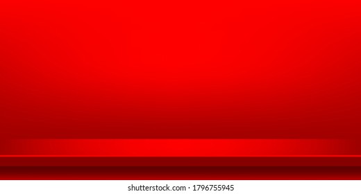 plank table red color on wall room for background, vivid red backdrop, copy space for advertise product display, table plank red front view