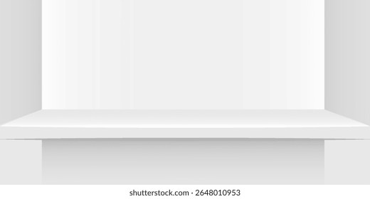 plank table white grey color on wall room background, white gray backdrop, copy space for advertise product display, table plank in front view. vector dynamic room and studio