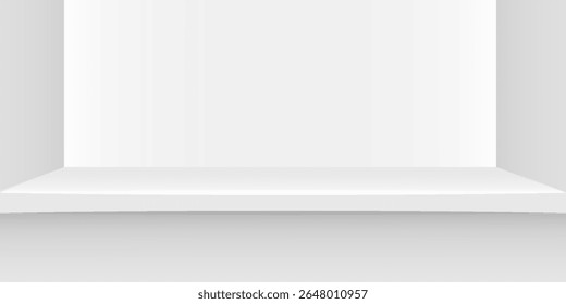 plank table white grey color on wall room background, white gray backdrop, copy space for advertise product display, table plank in front view. vector dynamic room and studio