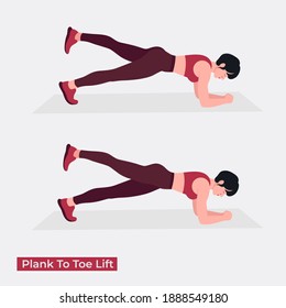 Plank To Toe Lift exercise, Women workout fitness, aerobic and exercises. Vector Illustration.