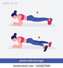 Plank With Toe Taps Exercise, Woman Workout Fitness, Aerobic And Exercises.