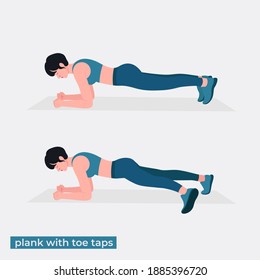 plank with toe taps exercise, Women workout fitness, aerobic and exercises. Vector Illustration.