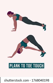 Plank To Toe Touch exercise, Woman workout fitness, aerobic and exercises. Vector Illustration.