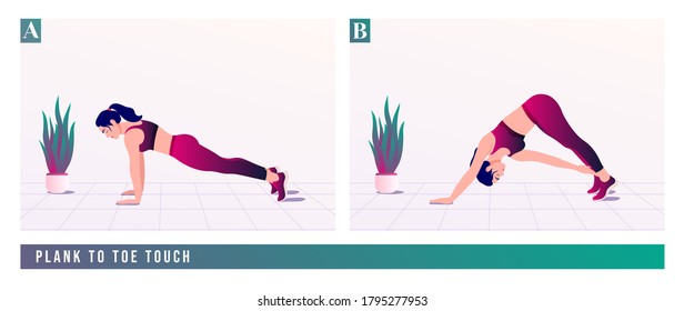 Plank To Toe Touch Exercise, Woman Workout Fitness, Aerobic And Exercises. Vector Illustration.