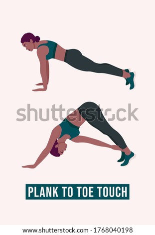 Plank To Toe Touch exercise, Woman workout fitness, aerobic and exercises. Vector Illustration.