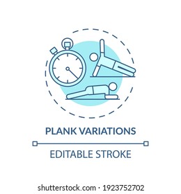 Symbol für Variationskonzepte Plank. Bei Home Workout Idee dünne Linie Illustration. Rücken, Gluten, Hängematten, Arme und Schultern straffen. Vektorgrafik einzeln Umriss RGB Farbzeichnung. Bearbeitbarer Hub