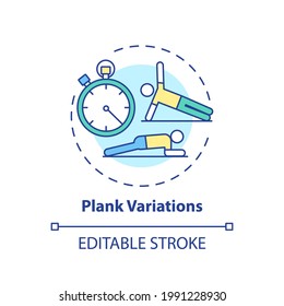 Plank variations concept icon. At-home workout session idea thin line illustration. Abdominal exercise. Building core strength and stability. Vector isolated outline RGB color drawing. Editable stroke