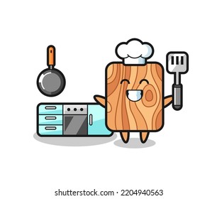 plank wood character illustration as a chef is cooking , cute design