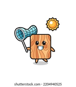 plank wood mascot illustration is catching butterfly , cute design