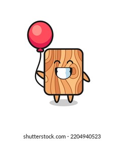 plank wood mascot illustration is playing balloon , cute design