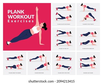 Plank workout exercise Set. Women doing fitness and yoga exercises