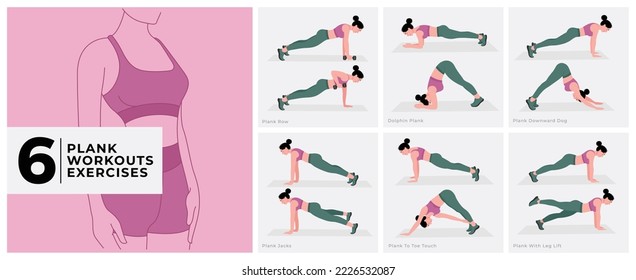 Juego de entrenamiento de plank. Las mujeres entrenan fitness, aerobic y ejercicios. Ilustración vectorial.