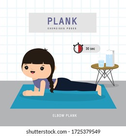 Plank Workout. Woman doing Planking exercise and yoga training at gym home, stay at home concept. Character Cartoon Vector illustration