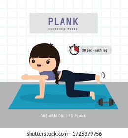 Plank Workout. Woman doing Planking exercise and yoga training at gym home, stay at home concept. Character Cartoon Vector illustration