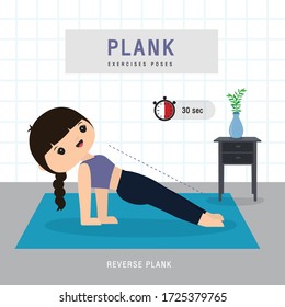 Plank Workout. Woman doing Planking exercise and yoga training at gym home, stay at home concept. Character Cartoon Vector illustration