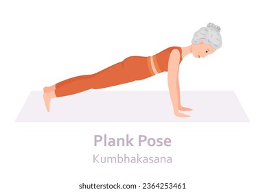 Plank Yoga pose. Kumbhakasana. Elderly woman practicing yoga asana. Healthy lifestyle. Flat cartoon character. Vector illustration