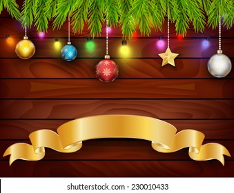 Planked wood with Christmas ornament  and golden banner