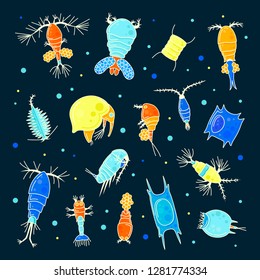 Plankton, collection of bright small water organisms. Plant life of a water, diverse set. Vector illustration on black background
