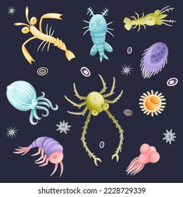 Plankton Diverse Water Organism Free Floating on Dark Background Vector Set