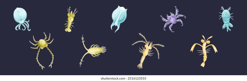 Plâncton Diverse Water Organism Free Floating on Dark Background Vetor Set