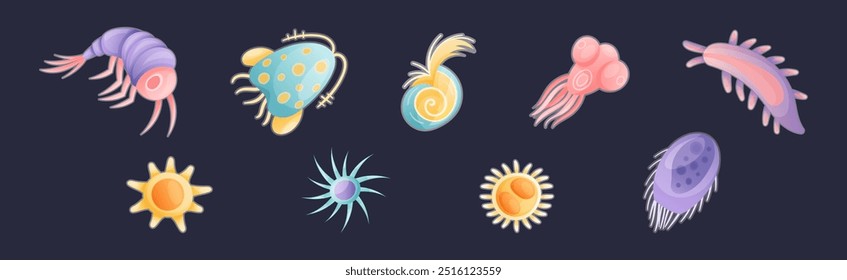 Plâncton Diverse Water Organism Free Floating on Dark Background Vetor Set