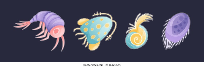 Plâncton Diverse Water Organism Free Floating on Dark Background Vetor Set