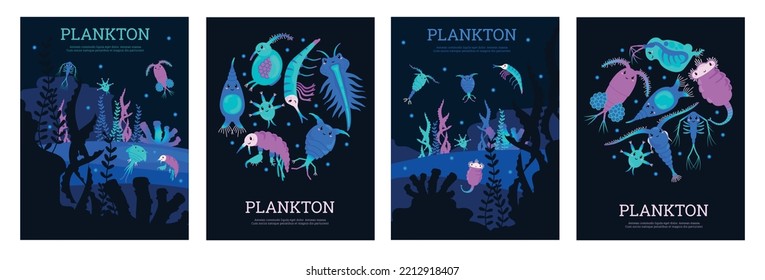 Plankton scientific posters, cute freshwater animals - set of cartoon flat vector illustrations. Banners with funny zooplankton microorganisms of underwater world.