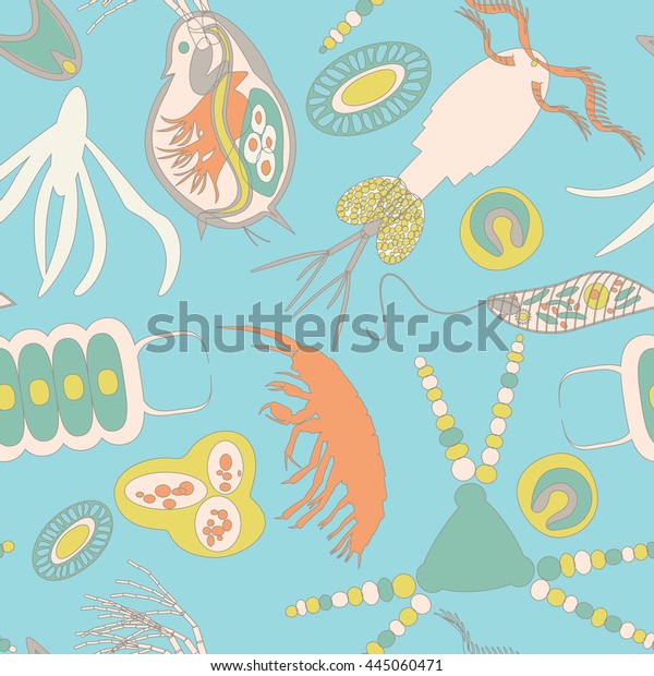 プランクトンのシームレスな模様 織物 繊維 背景 壁紙 環境生物学的なテーマに関する包み紙の 植物プランクトンと動物プランクトン の両方を持つ小さな生物のベクターイラスト のベクター画像素材 ロイヤリティフリー