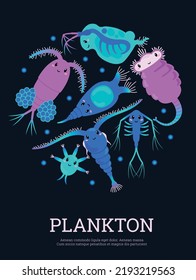 Plankton Small Microscopic Organisms Funny Cute Characters On Dark Background, Flat Vector Illustration. Sea Plankton Bright Vibrant Colors Background Or Banner Design.