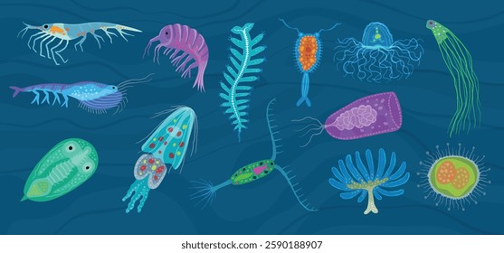 Plankton. Underwater ocean life different microorganism recent vector microbiology illustrations set