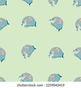 Plankton or water flea shameless vector pattern. Cartoon vector icon isolated on blue background.