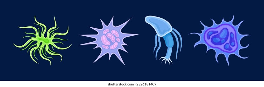 Plankton Water Organism with Tentacles Free Floating on Dark Background Vector Set