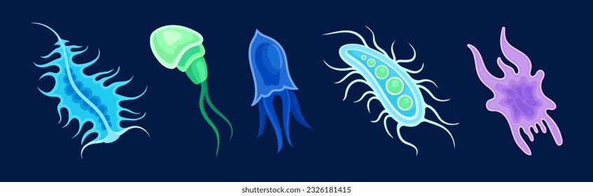 Plankton Water Organism with Tentacles Free Floating on Dark Background Vector Set