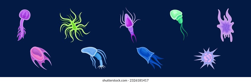 Plankton Water Organism with Tentacles Free Floating on Dark Background Vector Set