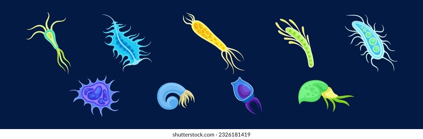 Plankton Water Organism with Tentacles Free Floating on Dark Background Vector Set