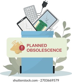 Alerta de obsolescencia planificada con electrónica descartada en contenedor aislado sobre fondo transparente. Los residuos electrónicos y la vida útil de la tecnología de consumo. Concepto de mantenimiento. Diseño plano. Ilustración vectorial