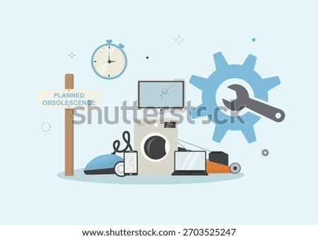 Planned Obsolescence with Broken Appliances. Obsolescence through broken home electronics, industrial gear, and clock, emphasizing limited product lifespan and repair challenges. Vector illustration