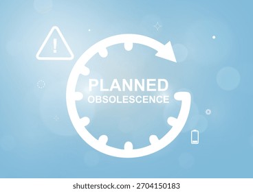 Símbolo de advertencia de obsolescencia planificada sobre fondo azul degradado. Concepto de obsolescencia planificada. Conceptos de Tecnología y conciencia de sostenibilidad. Obsolescencia en el contexto industrial. Ilustración vectorial