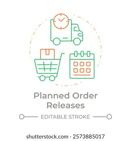 Planned order releases duo tone concept icon. Optimizing inventory levels and production flow. MRP outputs. Round two color outline illustration. Abstract vector design. Easy to use in booklet