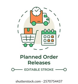 Planned order releases multi color concept icon. Optimizing inventory levels and production flow. MRP outputs. Round shape line illustration. Abstract idea. Graphic design. Easy to use in booklet