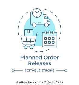 Planned order releases soft blue concept icon. Optimizing inventory levels and production flow. MRP outputs. Round shape line illustration. Abstract idea. Graphic design. Easy to use in booklet