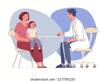 Planned pediatric examination of baby. Consultation of mother's physician with child. Healthy kid at doctor's office. Illustration characters flat cartoon vector.