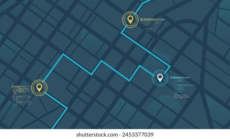 Planned route across the entire map with marked destinations and estimated arrival times. Simple city scheme with convenient labels. Editable vector illustration