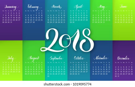 Planner, 2018, gradient background, lettering, flat. Modern annual calendar with blue and green colors and halftones. Vector illustration