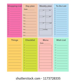 Planner 2019 se presenta en estilo plano. Planificar plantillas para la administración de la escuela, la oficina y el tiempo. Diario, semanal, Lista de tareas, Lista de comprobación, Menú, Lista de compras. Ilustración del vector