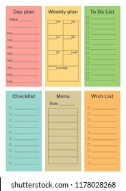 Planner 2019 set in flat style. Schedule templates for school, office and time management. Daily, weekly, To do list, Check list, Menu, Shopping list. Vector illustration