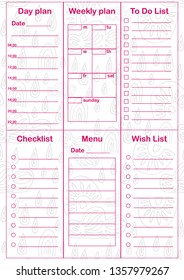 Planner 2019 set in simple style. Schedule templates for school, office and time management. Daily, weekly, To do list, Check list, Menu, Shopping list. Vector illustration