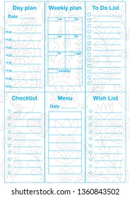 Planner 2019 set in simple style. Schedule templates for school, office and time management. Daily, weekly, To do list, Check list, Menu, Shopping list. Vector illustration