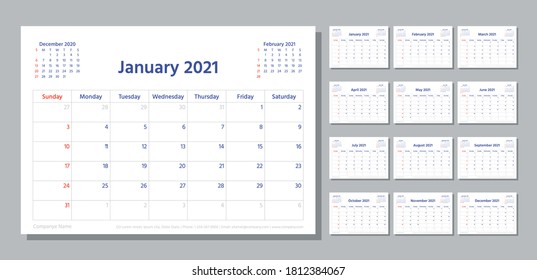 Planer 2021 Jahr. Die Woche fängt Sonntag an. Kalendervorlage. Vektorgrafik. Modernes Fahrplangitter. Jährlicher Briefvermittler. Calender Layout. Horizontale Ausrichtung. Monatliches Unternehmenstagebuch. Illustration.